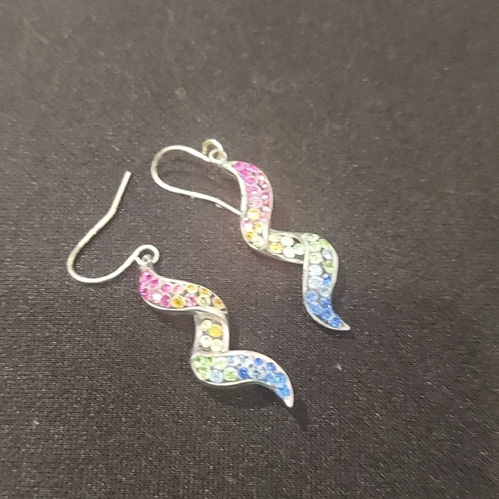 Sterling Silver Rainbow CZ Wave Earrings - Picture 3 of 4